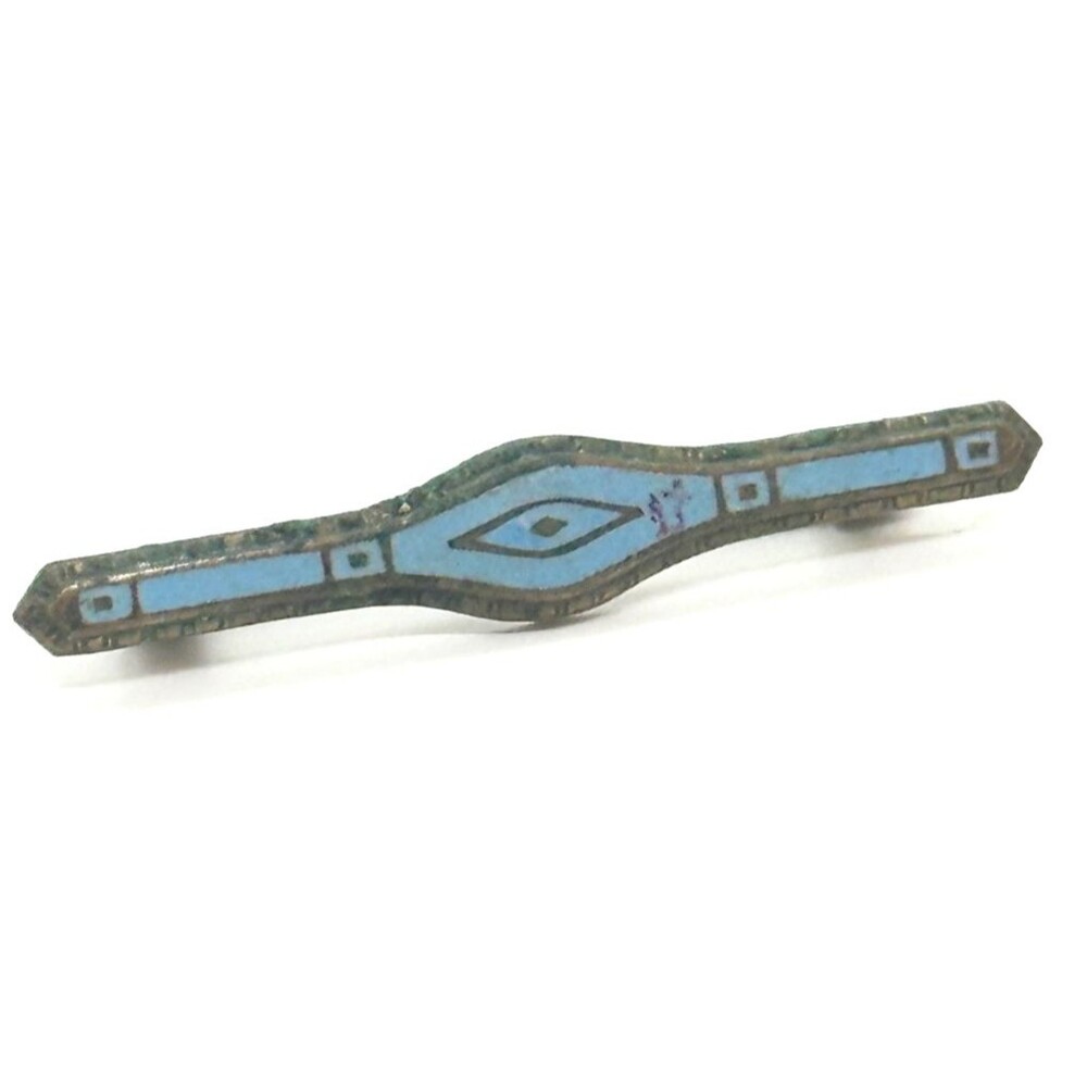 Antique Art Deco Blue Enamel Bar Pin Brooch C Clasp Diamond Shape Center - Picture 7 of 9